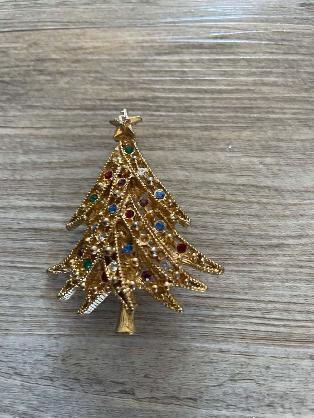 Vintage Christmas Tree Brooch 1970s - Multicolor Rhinestones - Gold Tone - ,